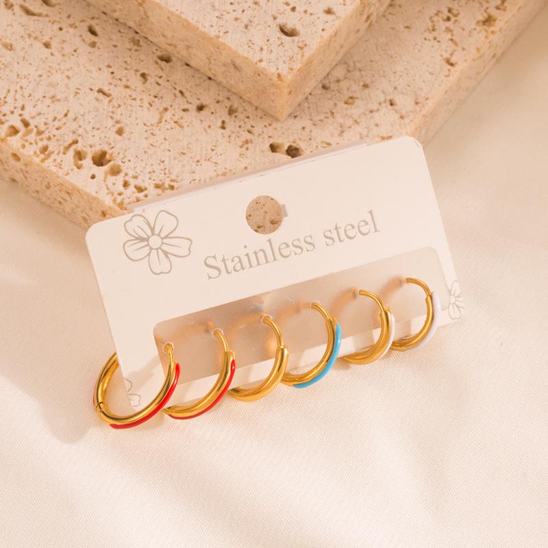Women Simple Hoop Earrings Six-piece Set Stainless Titanium Steel Drip Oil Circle Gold Color Geometric Ear Ornaments