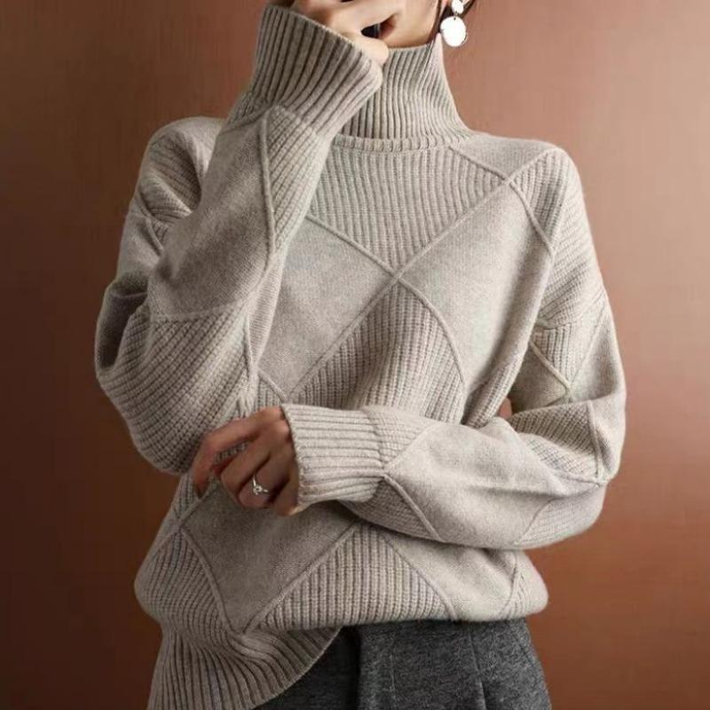 Suéter de cuadros de diamantes tridimensionales con cuello alto para mujer, diseño de otoño e invierno, sentido del ocio, prendas de punto de nicho