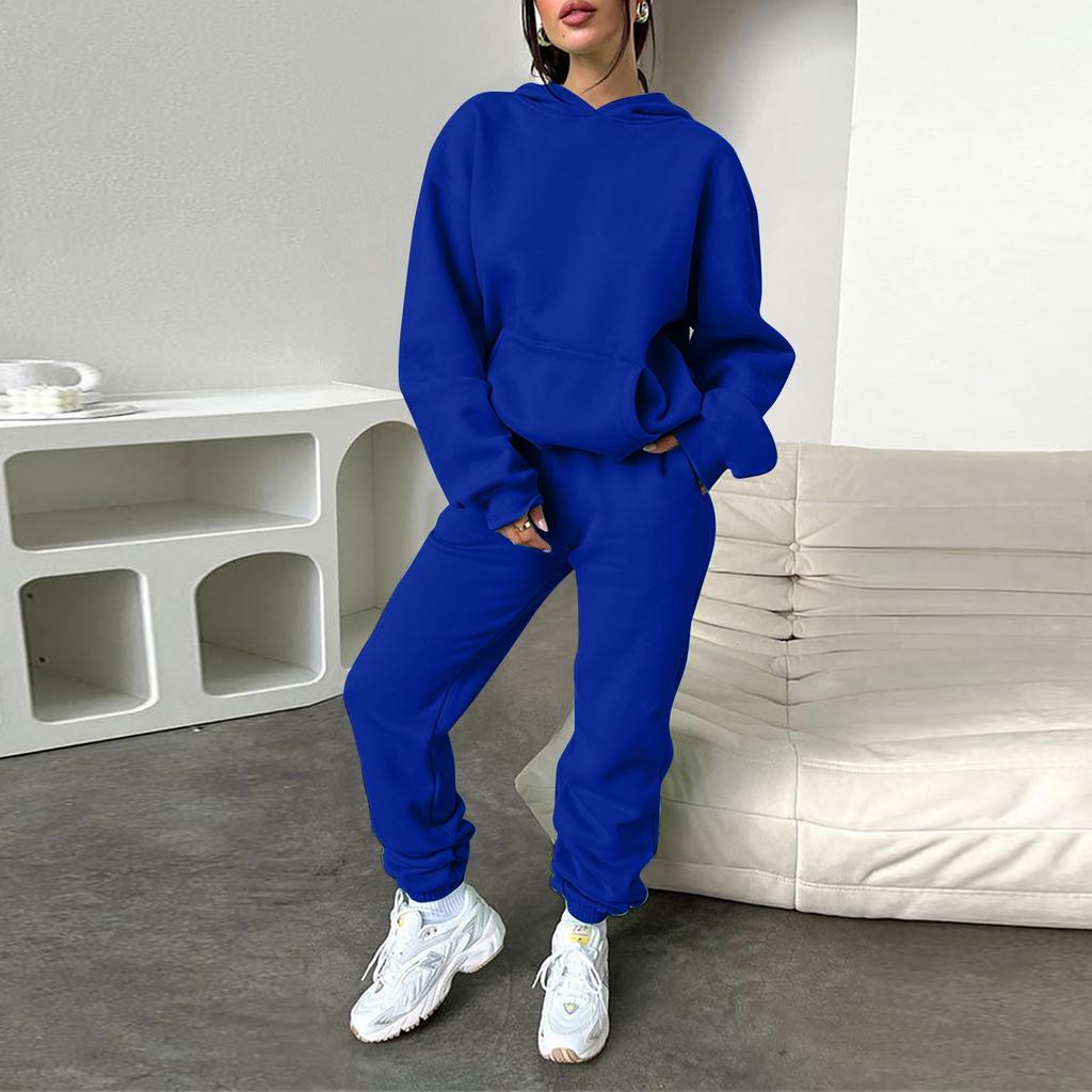 Women's Solid Color Hooded Long Sleeved Sports Set, Home Pants, Running Set