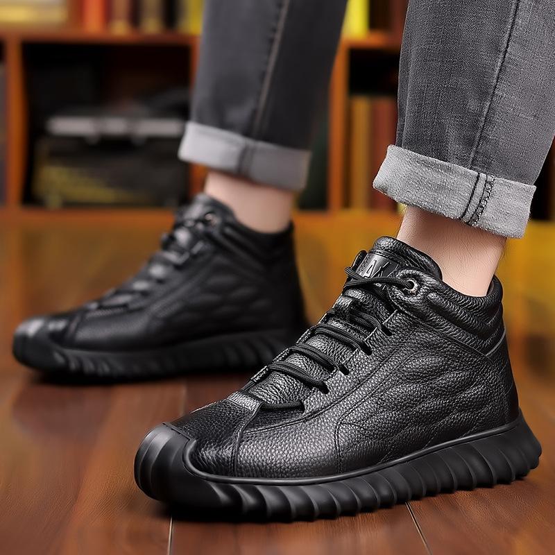 The first layer of cowhide wool winter men's cotton shoes high-top casual leather velvet thickened warm dad leather shoes men's
