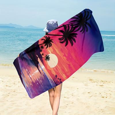 1 Stück Cartoon Kokospalme Sonnenuntergang Strandtuch für Damen, Weiches Bedrucktes Handtuch für Camping Fitness Yoga Schwimmen