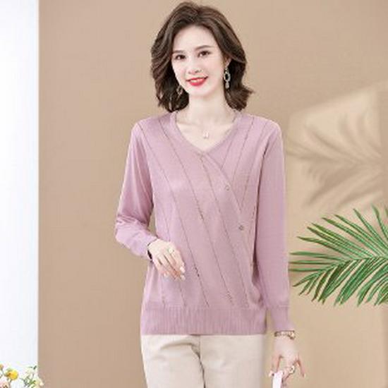 

Women s Long-Sleeve Plus Size Casual Top - Spring/Autumn, Loose Fit, Belly Covering, for Middle-Aged Mothers XL рожевий