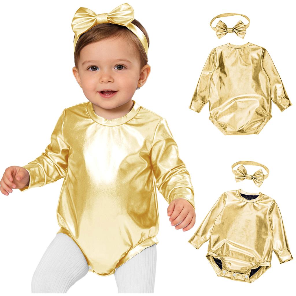 Tuta Fotografica per Compleanno Bambina Piccola: Completo Metallico Lucido a Maniche Lunghe con Bottoni a Pressione Facili e Set Fascia con Fiocco