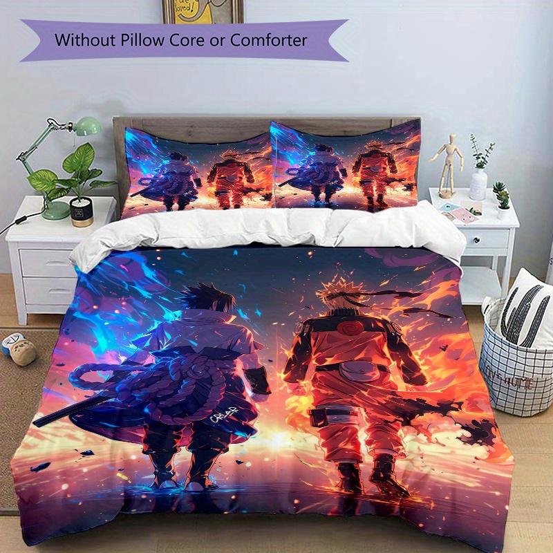 3pcs Naruto vs Sasuke Anime Theme Printed Quilt Set - Soft and Comfortable Quilt Cover for Bedroom, Guest Room and Dormitory Decorative Bedding Set 1