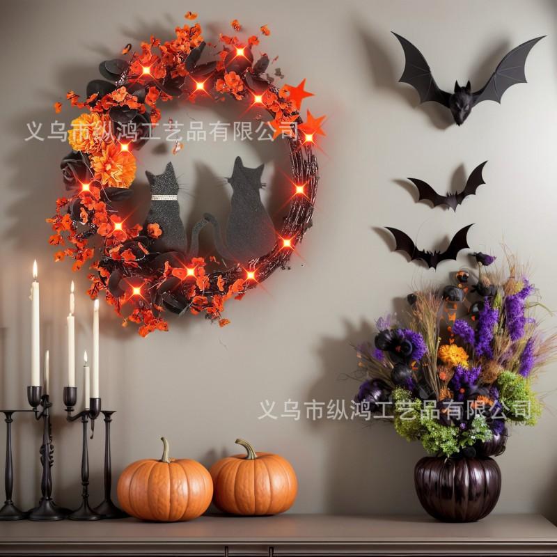 Halloween Moon Cat Wreath Decor Door Wall Hanging Couple Cats Wooden Craft Festival Party Decoration