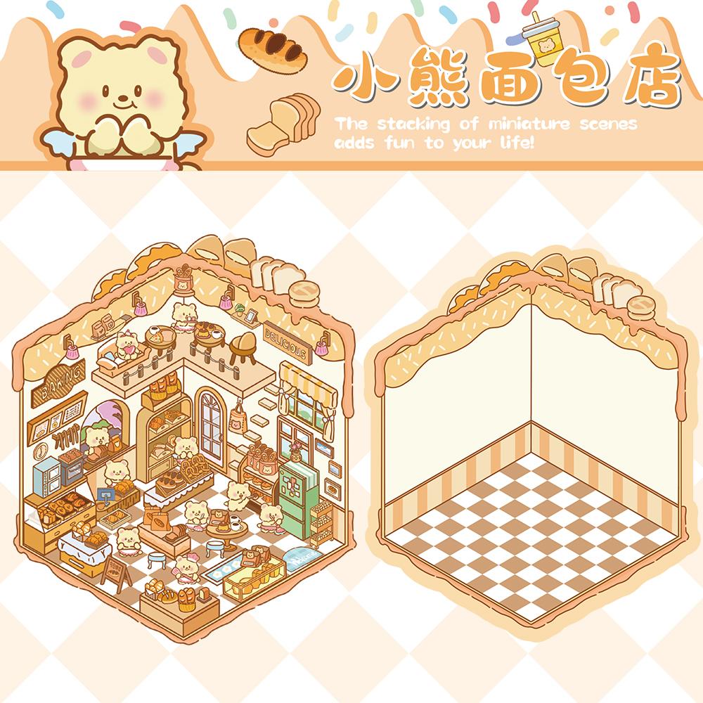 2PCS Little Bear Bakery Landscape Sticker Nostalgia Landscape Stacking Scene Hand Paintings Cartoon Skateboard Cafe Stickers