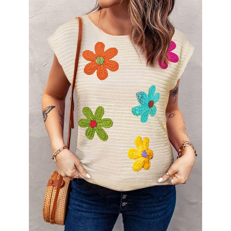 European and American Fashion Flower Crochet round Neck Short sleeve T-shirt Women 2025 Summer Thin Breathable Knitted Three-Quarter Sleeve Top