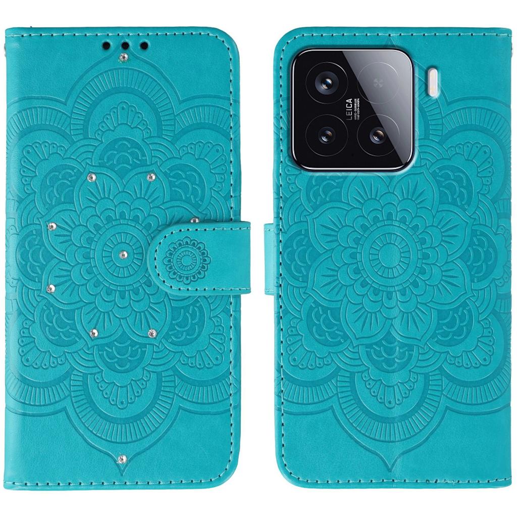 For Xiaomi 15 Case Rhinestone Decor PU Leather Mandala Imprinted Design Phone Cover with Wrist Strap