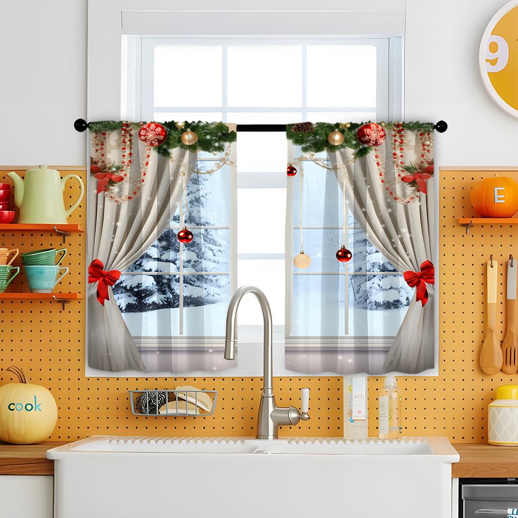Christmas Decorative Printed Curtains Decor Design Polyester Suitable Small Windows Kitchen Bedroom Dining Room Easy Install Decoration Holiday Themed