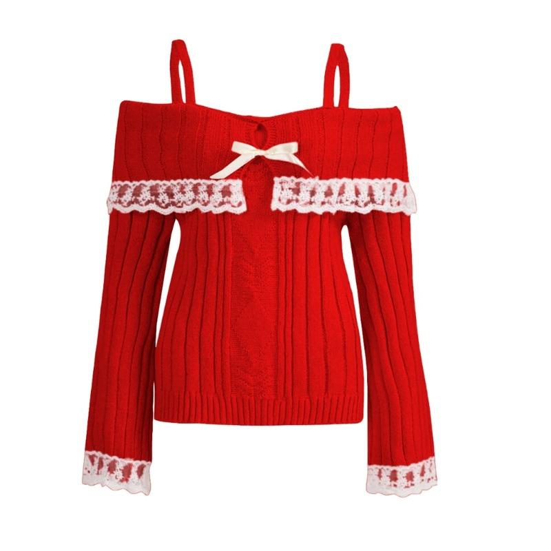 Sweater for Women Pullover Warm Knitted Lace-trimmed Off-the-shoulder Halter Top Long Sleeve Oversize Jumper Sweater Tops