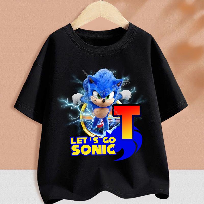 Sonics T-shirt for Children Cartoon A-Z Letter Tee Top Round Collar Clothing Summer Short Sleeve Kids Anime Partern Clothes Gift