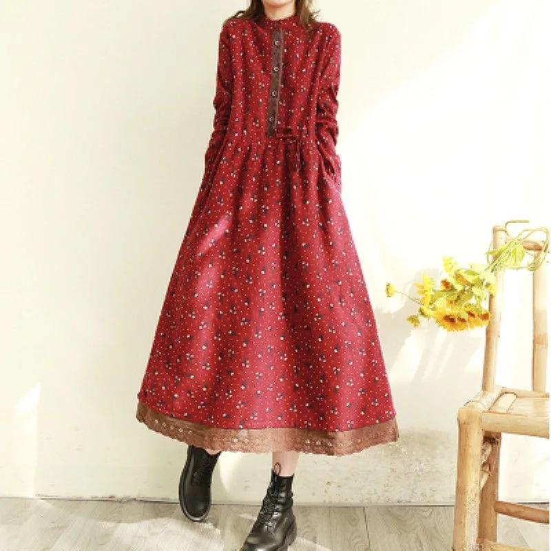 LYRIA Abito Lungo Floreale Primavera Autunno con Bordi in Pizzo Vestibilità Larga Stile Foresta Vintage Abito Casual da Donna Manica Lunga Girocollo