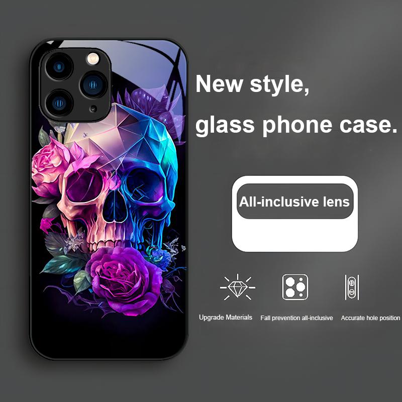 Cartoon Rose And Skull Purple For Iphone 15 14 13 12 Mini 11 Pro Max X XS XR 7 8 Plus 2020 22 SE Tempered Glass Phone Case