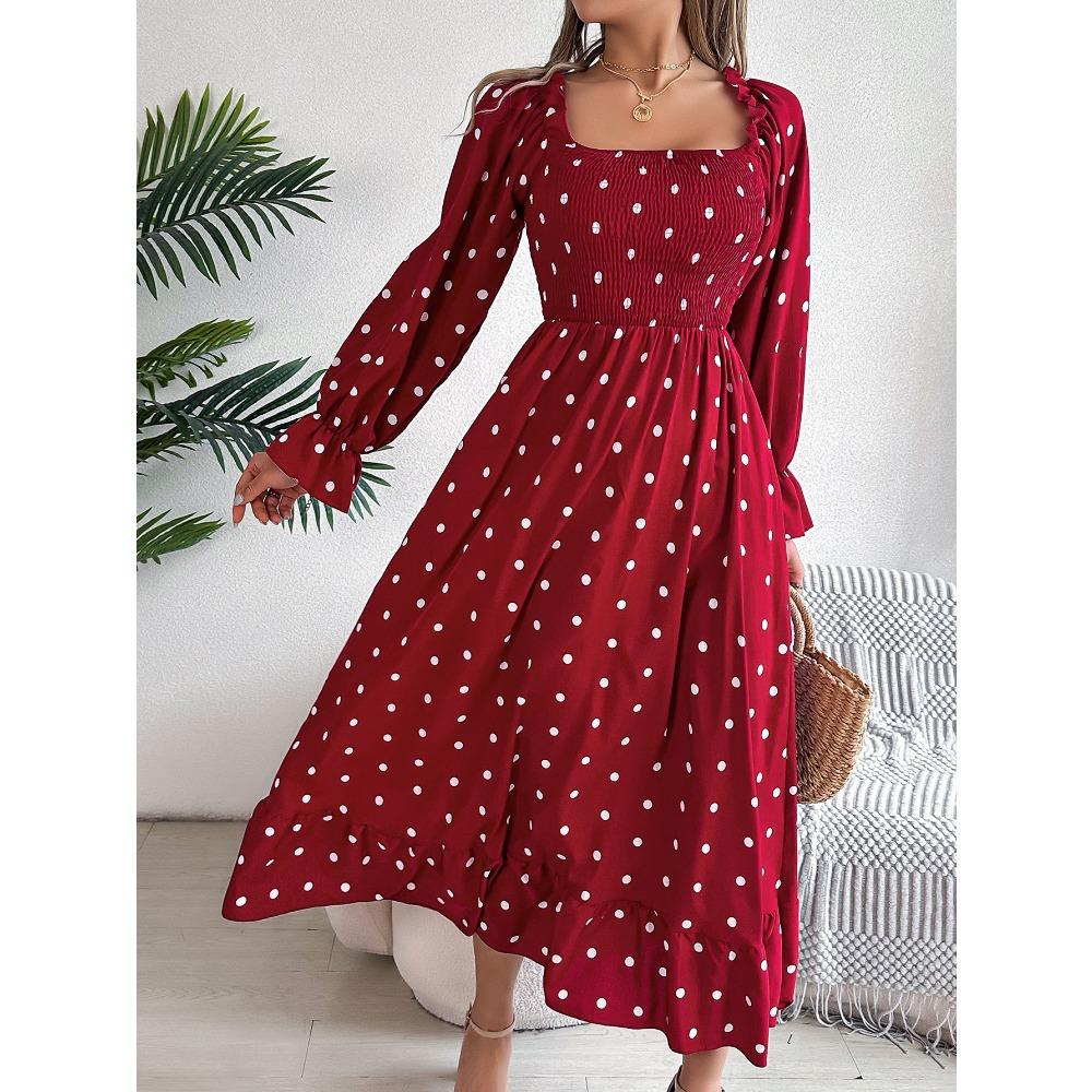 Rochie de damă cu mânecă lungă, casual, cu cercei din lemn, cu gât pătrat, cu buline, cloș, rochie lungă