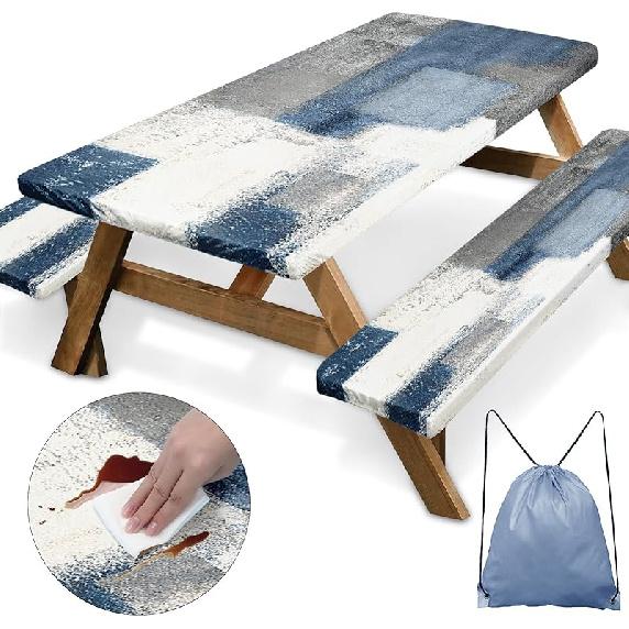 Sunflower Wooden Picnic Table Cover with Bench Covers, Rustic Summer Floral Farmhouse Outdoor Camping Essentials 6FT 3PCS Fitted Rectangle RV Must