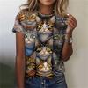 Fashion Women's T-shirt 3D Printed Kawaii Cat Pattern Short Sleeved Round Neck Top Summer Outdoor Casual Street Simple Clothing