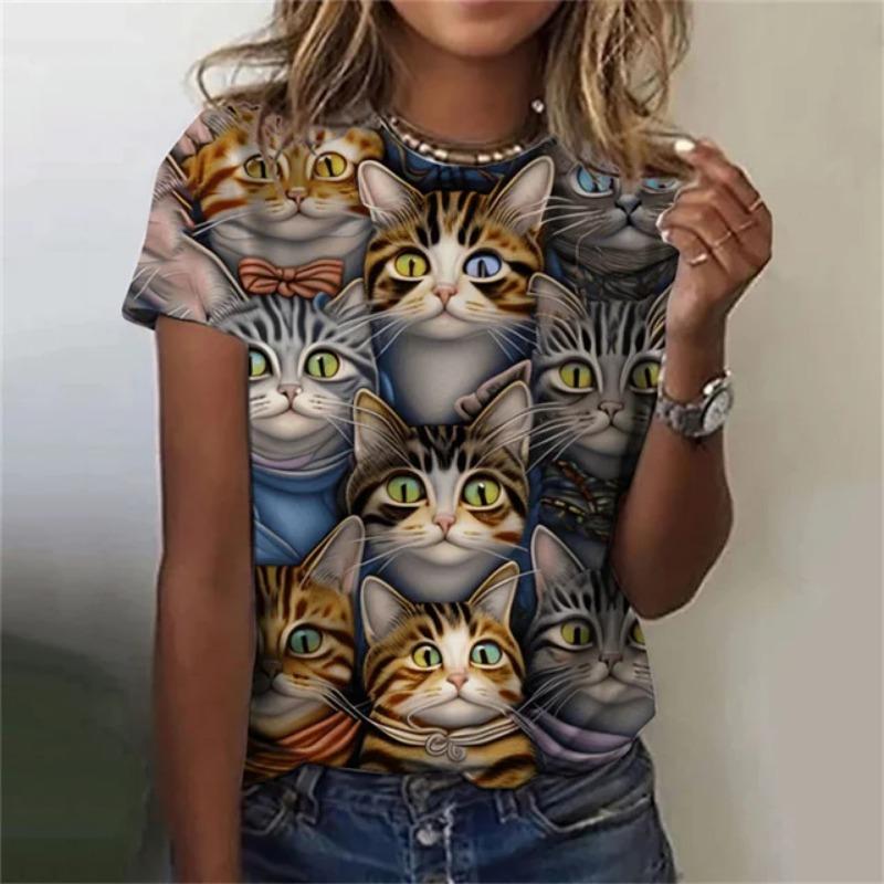 Модная женская футболка с 3D принтом Kawaii Cat Pattern, топ с короткими рукавами и круглым вырезом, летняя уличная повседневная уличная простая одежда 5XL