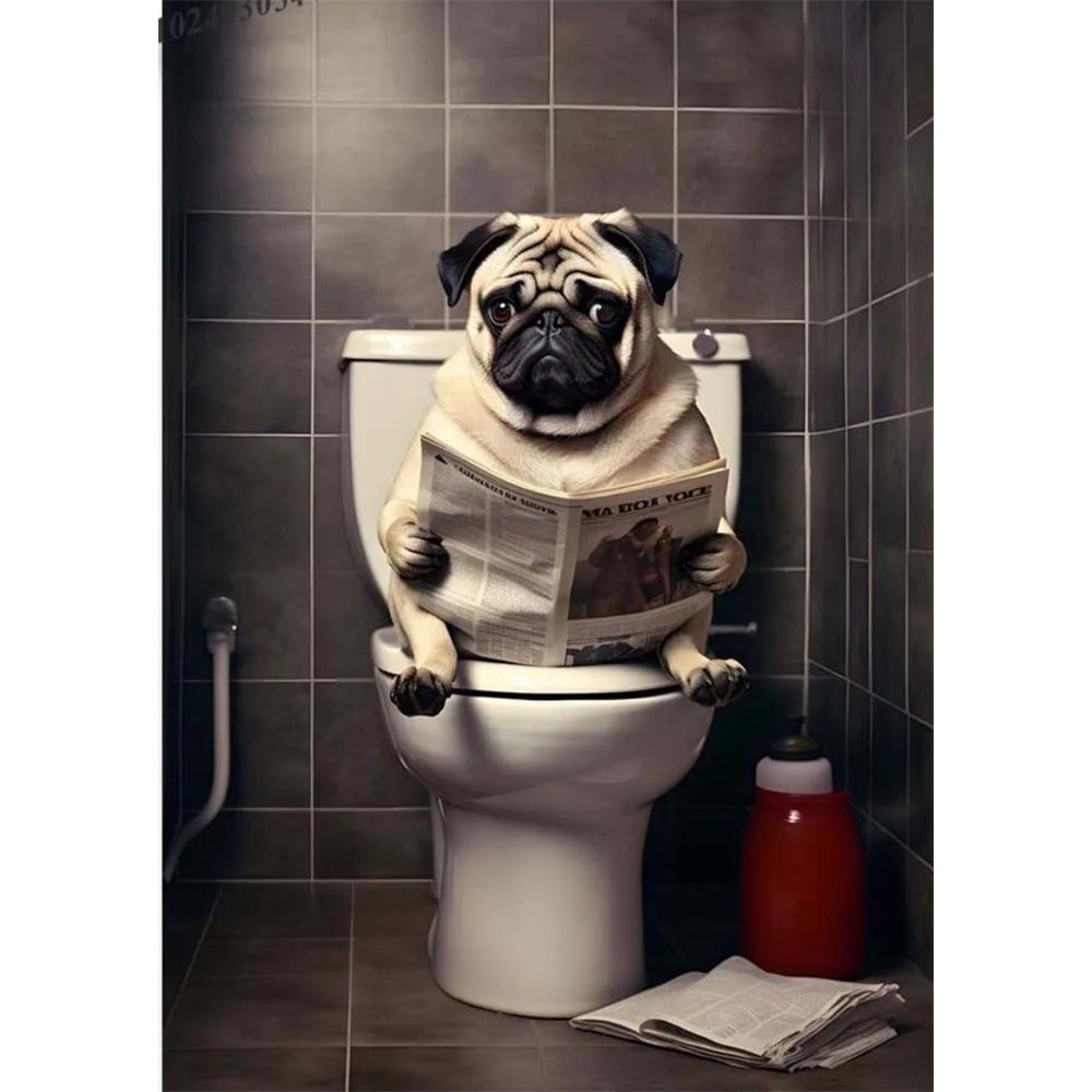 Hund sitzt auf der Toilette und liest Zeitung 5D DIY Diamantmalerei Kreuzstich Vollbohrer Runde Stickerei Heimdekoration Geschenke