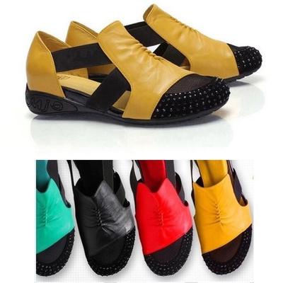 Women PU Leather Rhinestone Wedge Platform Flat Sandals Ladies Round Toe Retro Gladiator Sandals
