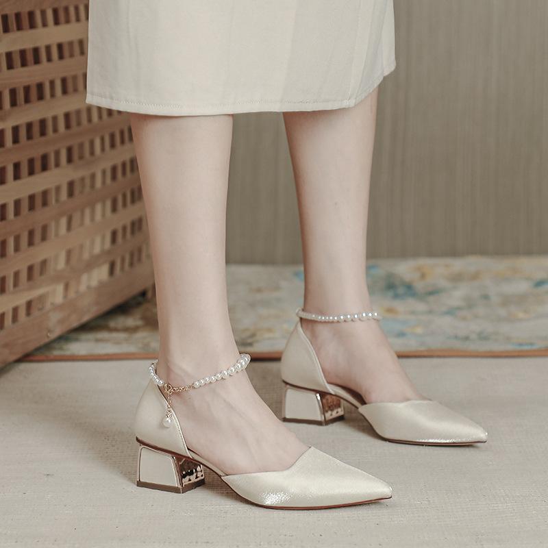Baotou sandals women's medium heel pointed summer 2025 new high heels women's thick heel pearl fairy wind hollow single shoes