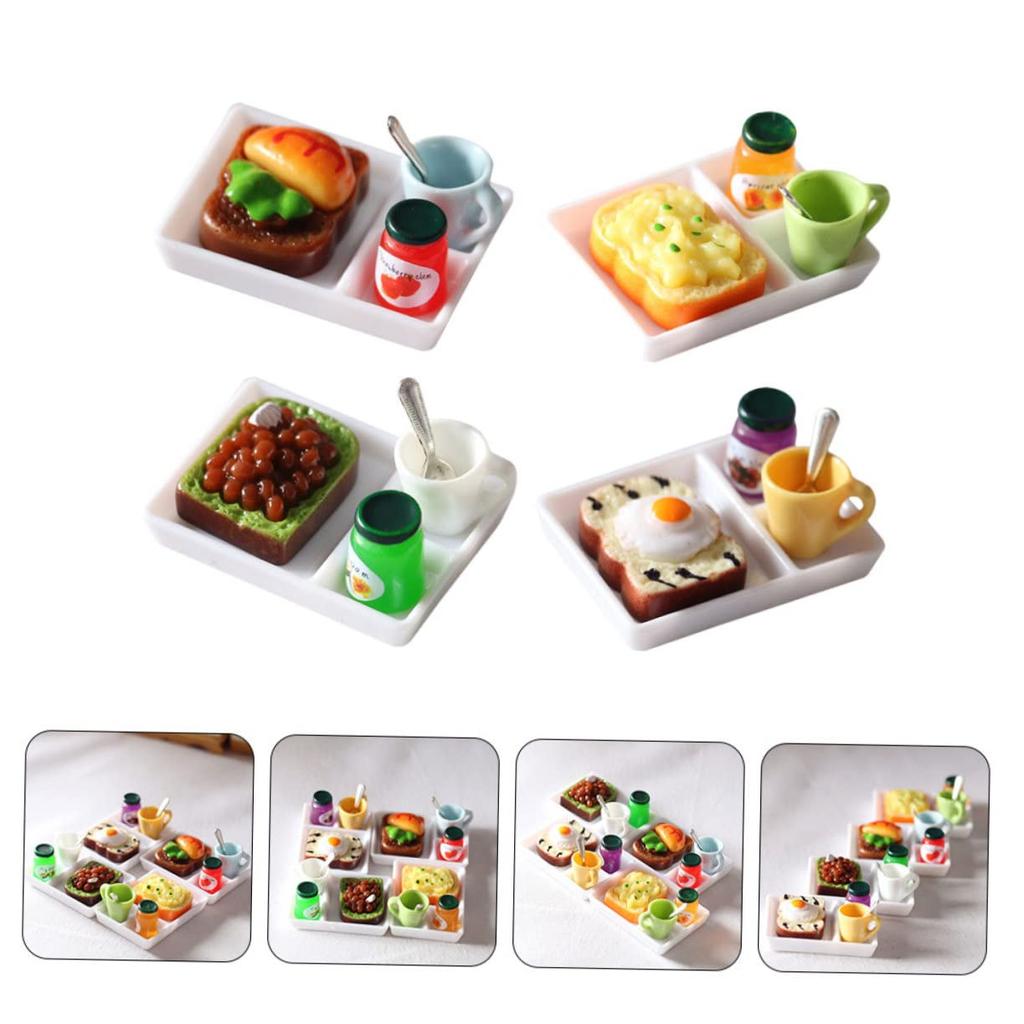 TENDYCOCO Conjunto Comida em Miniatura e Brincadeira Torrada Casa de Sobremesa em Miniatura Casa de Café da Manhã Comida Torrada Pão Conjunto de 4 Peças, Modelo, Acessórios, Adereços, Prato,