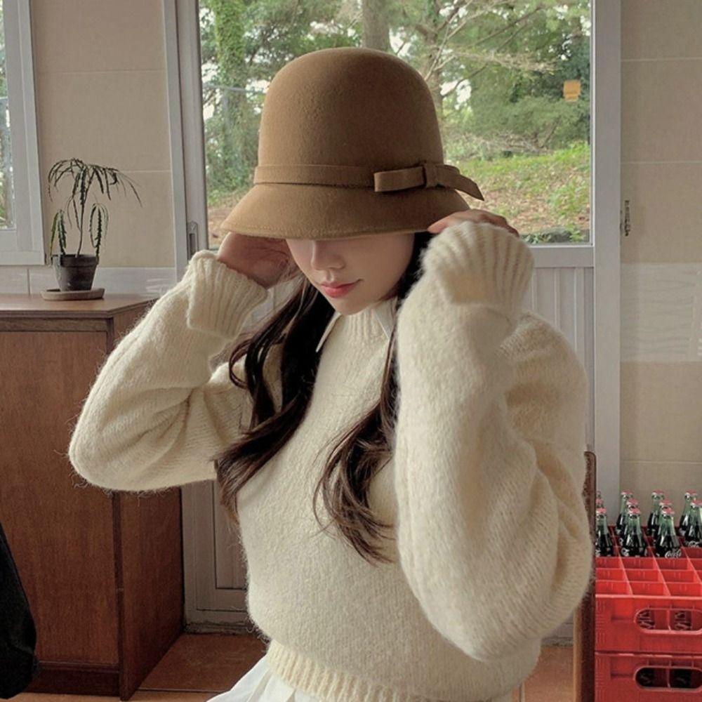 Reiche Erbin Stil Filz Formaler Hut Panama Hut Schleife Eimerhut Lässig Herbst