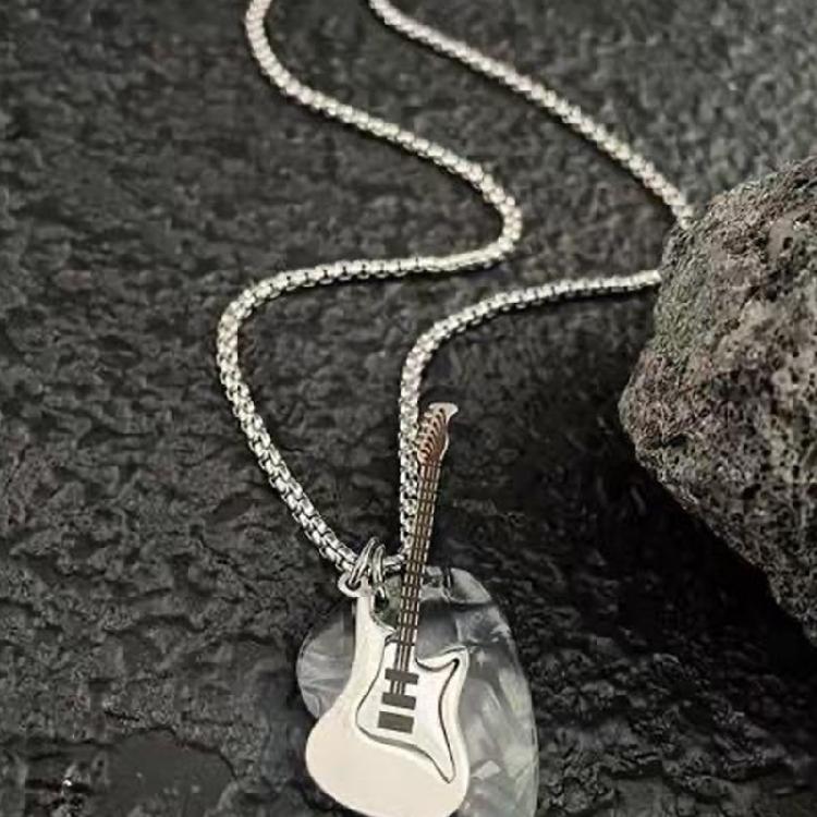Metal Chain Guitar Pick Pendant Necklace Music Inspired Titanium Steel Jewelry for Streetwear Looks and Gift Giving