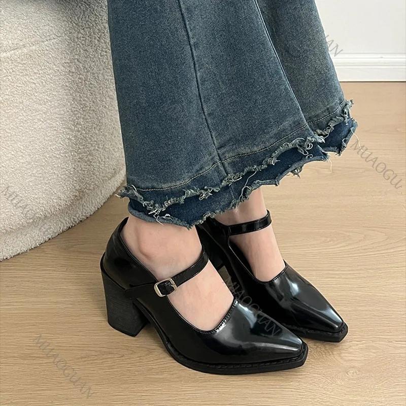 Fashion Black Pointed Thick High Heels Women's Shoes New Spring Retro Mary Jane Shallow Mouth Heels Women Belt Buckle Single Pumps Shoes