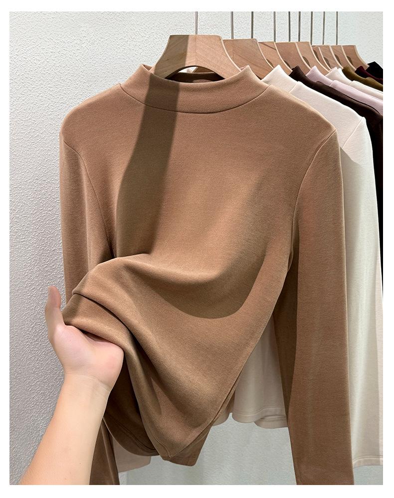 Women's Lyocell Tencel Round Neck Base Layer, Thickened Velvet Wool-Silk Long Sleeve Top for Autumn/Winter
