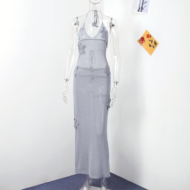 Flash Yarn Hook Flower Patch Dress Sexy Pure Desire Slim Halter Backless Sleeveless See Through Party Dresses Summer Lady Robes