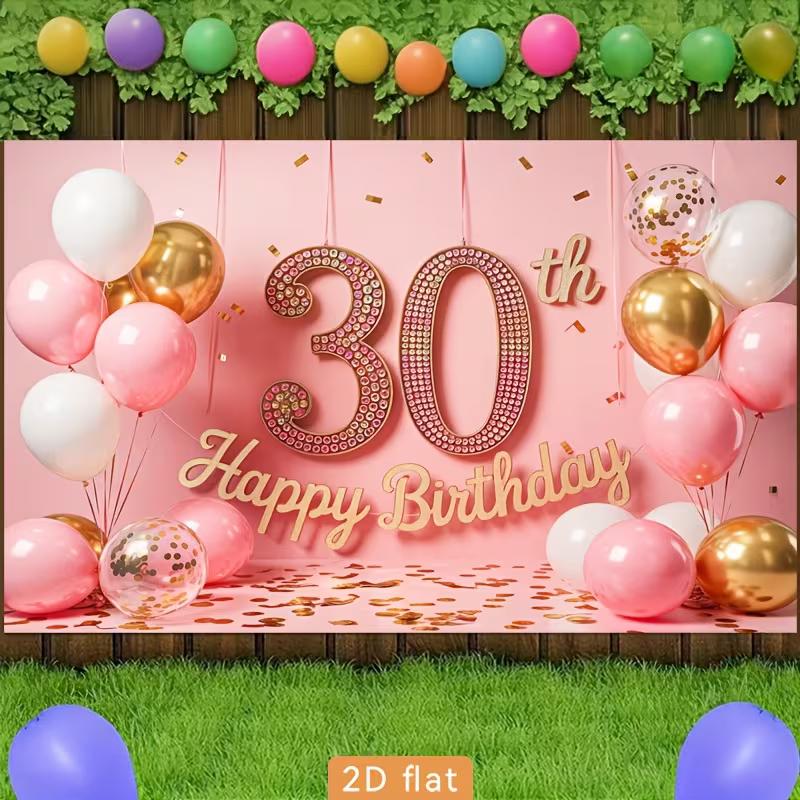 2D 30th Birthday Photography Backdrop Pink Gold Balloon & Confetti Party Background