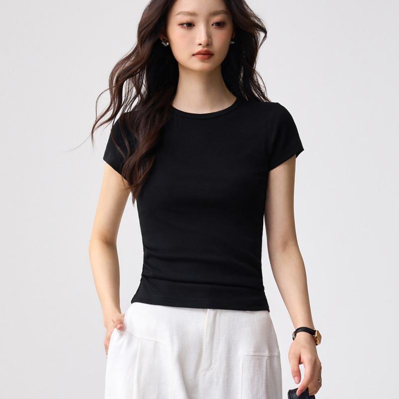 40 Combed Pure Cotton, Small Round Neck Bottoming Shirt T-shirt Women's Short-sleeved Summer New Simple and Versatile Slim and Thin Top