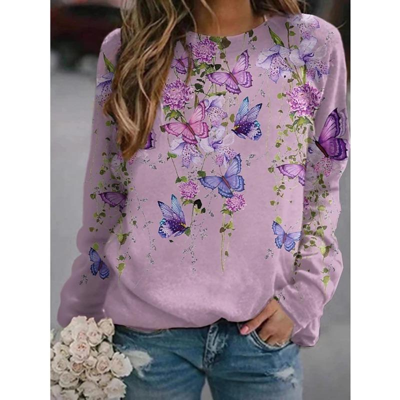 YYFS Women's Fashion Casual Spring Autumn Flower Pattern Print Long Sleeve O-Neck Blouses & Shirts