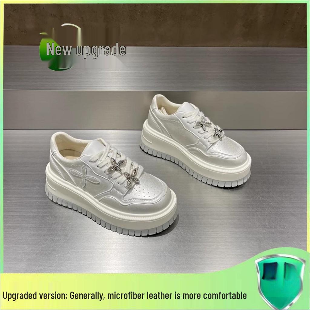 Women's Rhinestone Platform White Sneakers - Thick-Soled, Versatile Height-Increasing, Round-Toe Casual Shoes for Spring 2025.