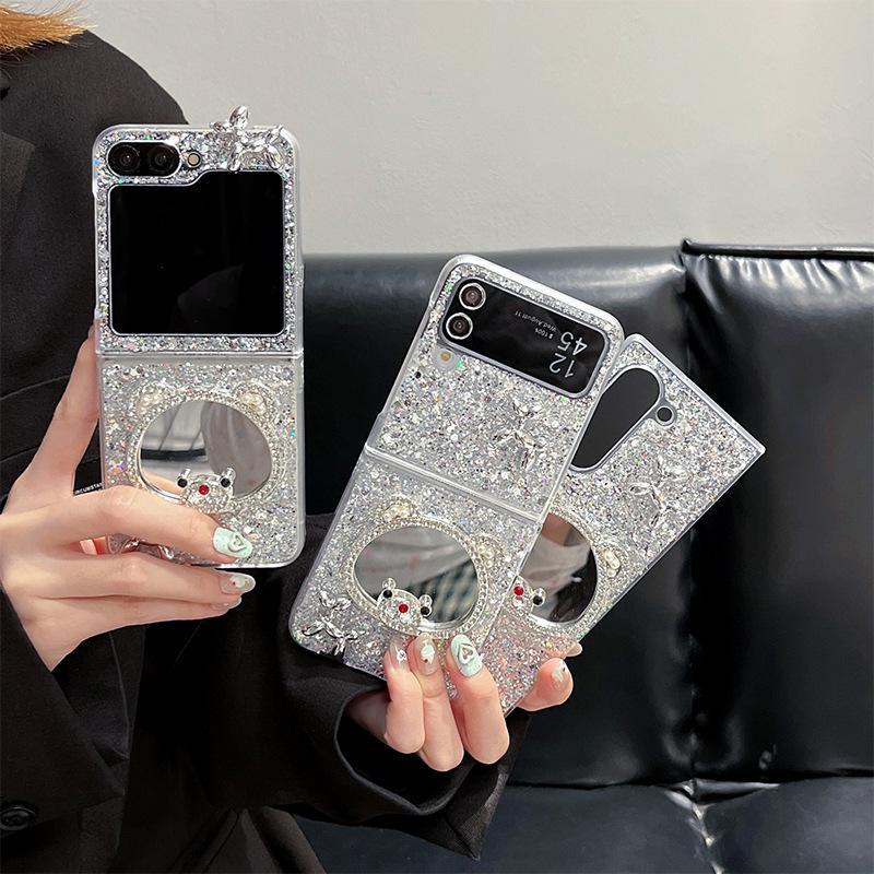 Rhinestone Love Bear Mirror Mobile Phone Case For Samsung Zflip6 Clamshell Folding Screen Zfold5 Sequin Female