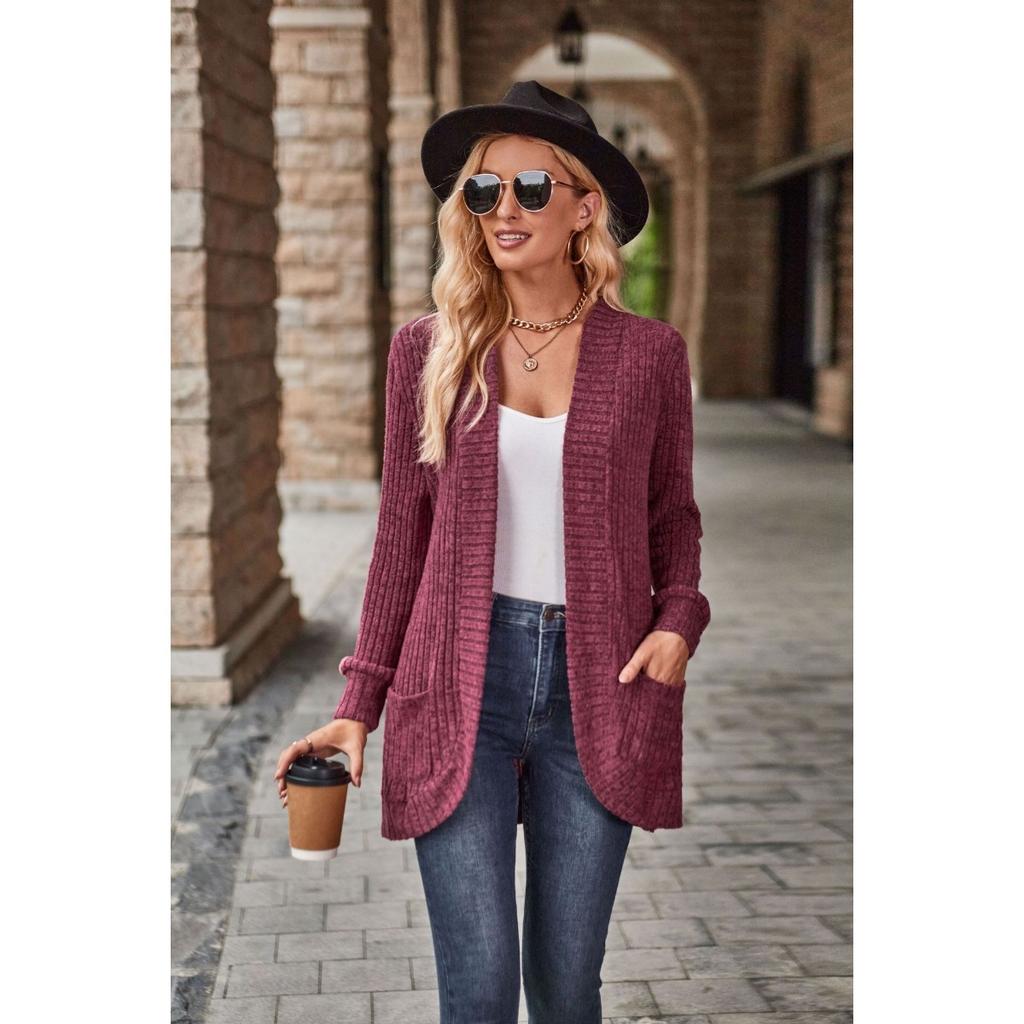 2025 Autumn New Women's Solid Color Ribbed Fleece Casual Patchwork Long Sleeve Cardigan Coat