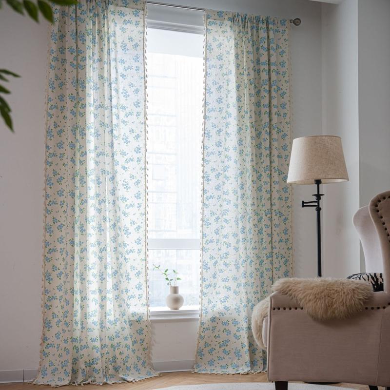 American Style Cotton Linen Curtain Finished Blue Flower Fringe Window Bedroom Valance Semi-blackout Decorative Curtains