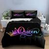 Rainbow Gradient Neon Queen Crown Bedding Set,1 Duvet Cover 2 Pillowcase,Elegant Microfiber Bed Linen For Teen Girls Women Room
