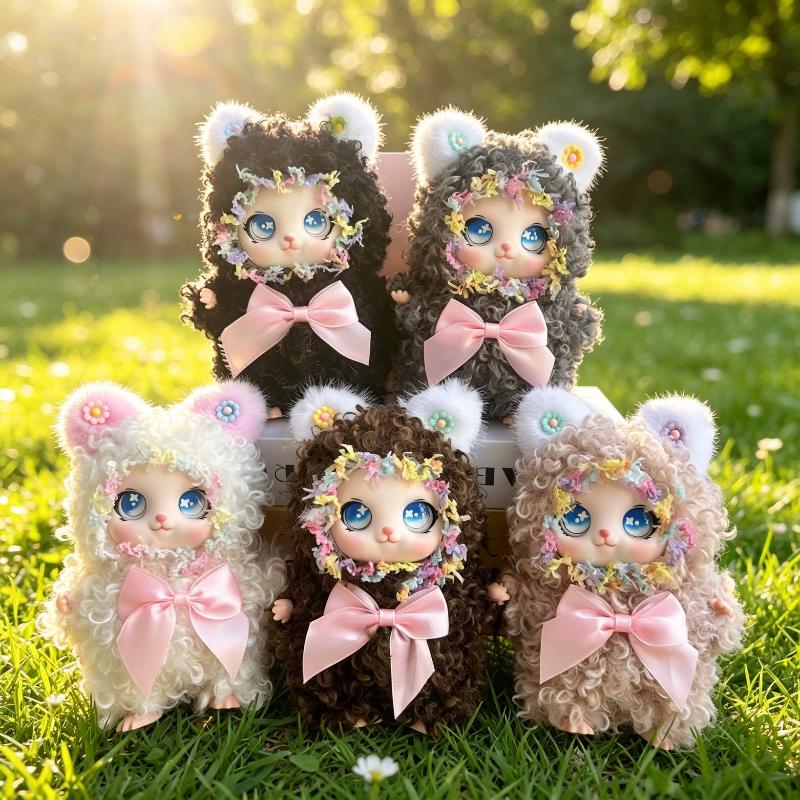 1Pcs Cute Curly Hair Plush Cat Doll Keychain Kawaii Flower Wreath Stuffed Toy With Bow For Bag Charm Kids Gift