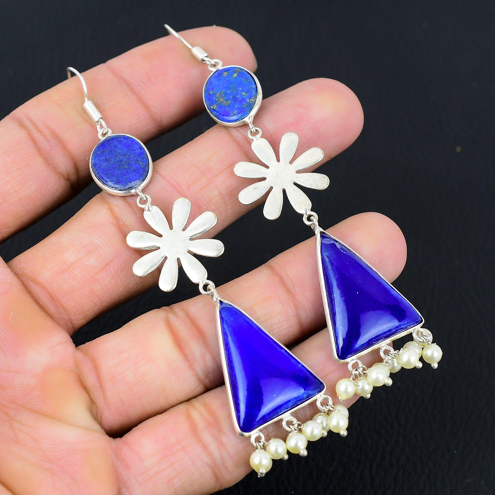

925 Sterling Silver Lapis Lazuli Gemstone Artisan Mother Dangle Drop Earrings