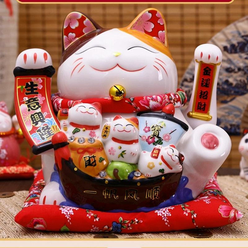 10.2 Inch Large Lucky Cat Statue Maneki Neko Ornament Ceramic Beckoning Cat with Movable Arm Porcelain Fortune Cat Figurine