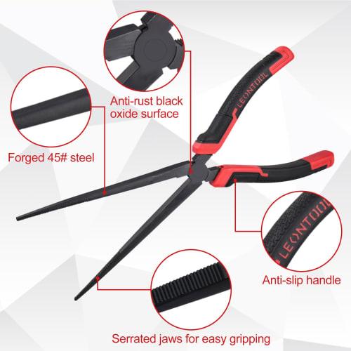 LEONTOOL Long Nose Pliers, Extra Long Needle Nose Pliers, Straight, Non-Slip, Serrated, Mechanic Pliers, 135mm Tip Length, For Gripping, Bending, Clam
