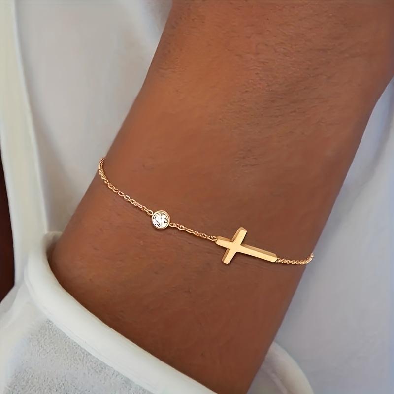 1 peça Estilo Simples Cruz e Contas Redondas Aço Inoxidável Pingente Pulseira Adequada para Jovens Senhoras Usarem em Festas ou Presente para Amigos