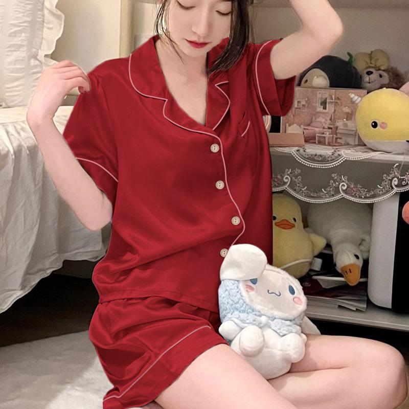 Pajamas Women'S Summer Festive Red High-End Solid Color Ice Silk Short-Sleeved Shorts Loungewear Can Be Worn Outside