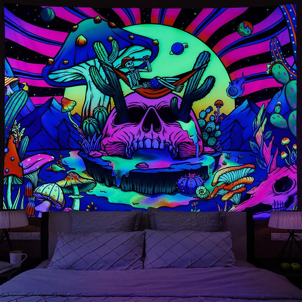 Psychedelic Black Light Skull Head Flourescent Tapestry UV Reactive Tapestries Wall Hanging Hippie Trippy  Home Decor