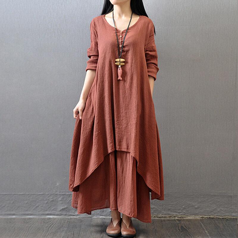 Muslim Women Linen Cotton Shirt Dress Abaya Long Sleeve Kaftan Dress Irregular Design Dress Casual Loose Baggy Maxi Dress Robe Plus Size M-5XL