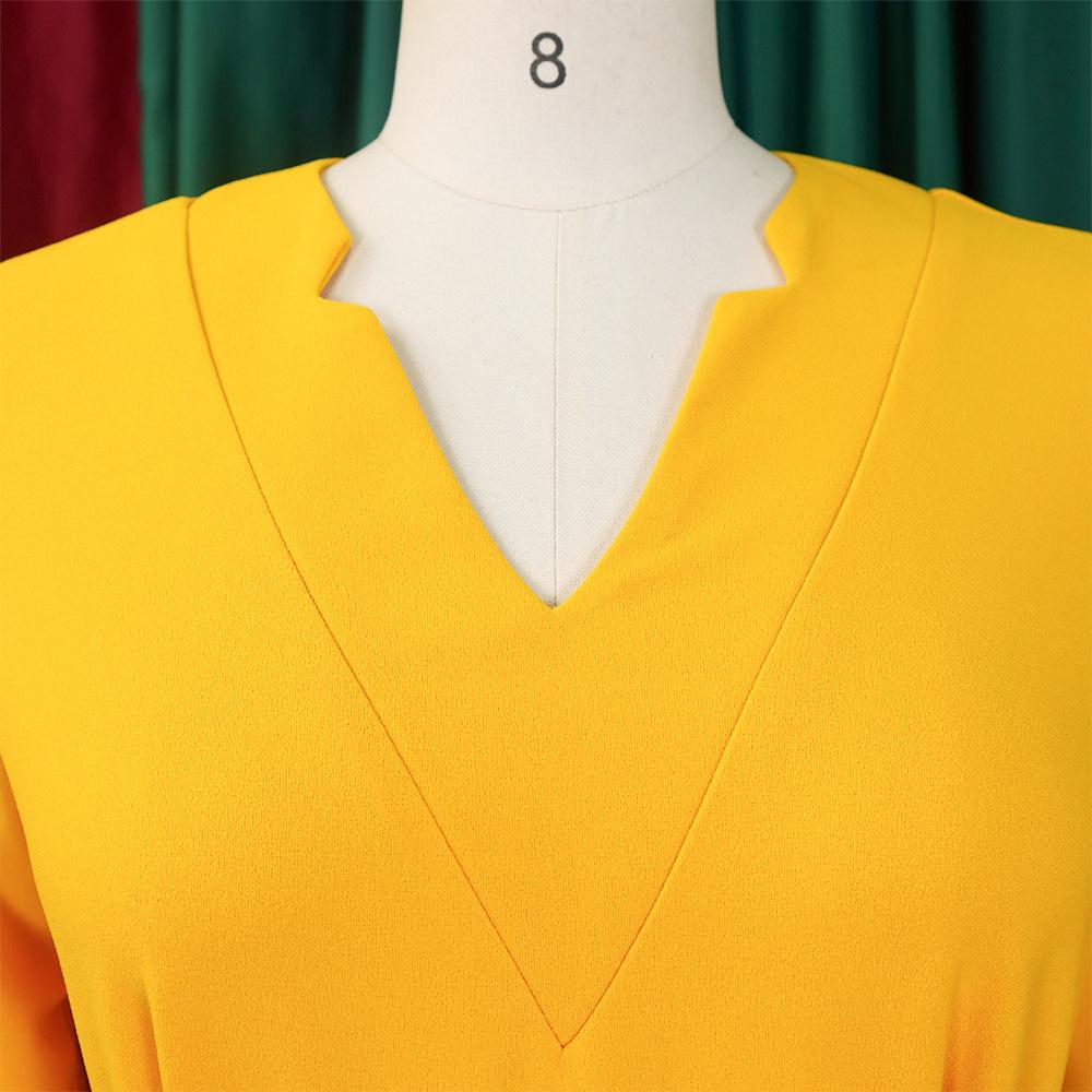 IHUASU Solid Color Print Spring Autumn Women's Autumn Long Sleeve V-neck Fashion Temperament Elegant Pleated Skirt High Waist Dress