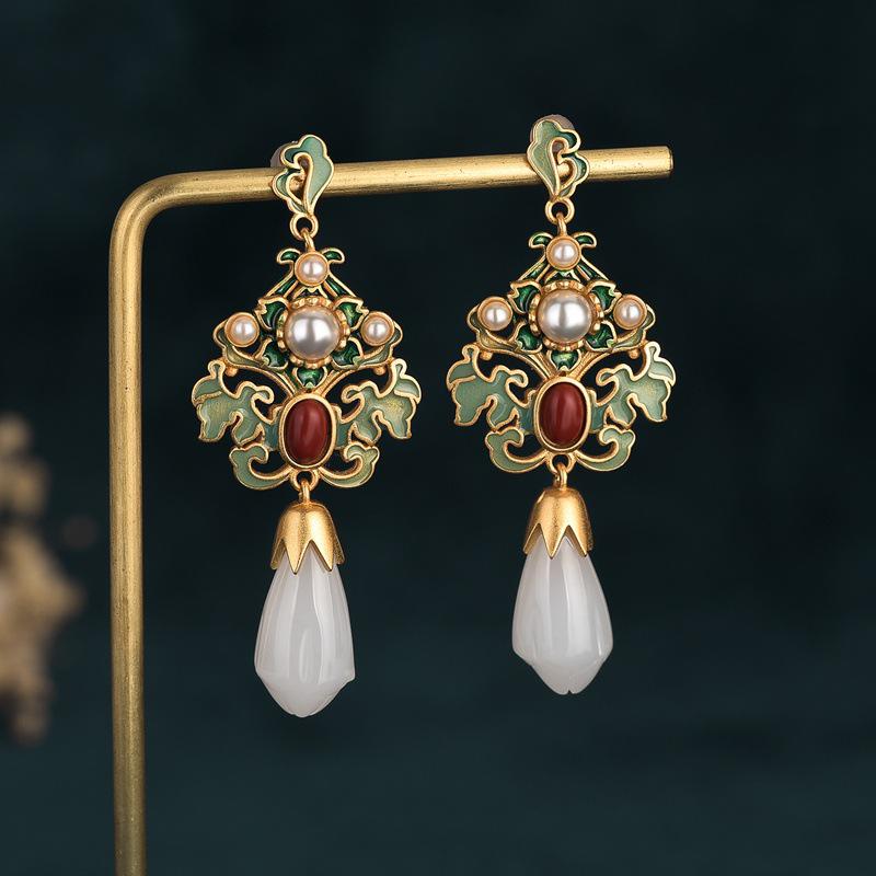 Retro Magnolia Fairy Earrings: Enamel Cloisonné & White Jade Cheongsam Style