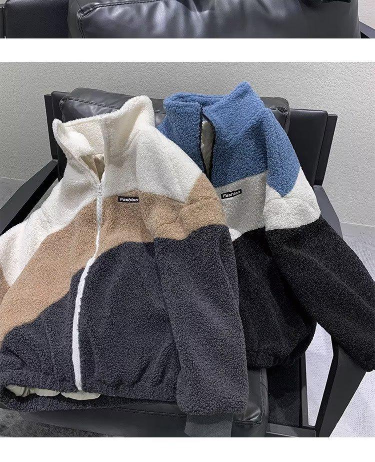 Men's Autumn/Winter Lambswool Color-Block Jacket - Trendy, Versatile, Loose Fit with Stand Collar