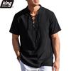 Summer Vintage Men's V-neck Shirt Drawstring Design Cotton Linen Breathable Stylish Casual Tops Solid Color Vacation Shirts
